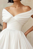 White Off the Shoulder A Line Pleated Short Graduation Dress