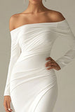 White Mermaid Off the Shoulder Long Sleeves Ruched Satin Long Formal Dress