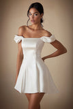 White A-Line Off the Shoulder Satin Short Graduation Dress with Lace