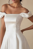 White A-Line Off the Shoulder Satin Short Graduation Dress with Lace