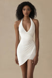 White Halter Bodycon Satin Ruched Short Graduation Dress
