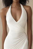 White Halter Bodycon Satin Ruched Short Graduation Dress