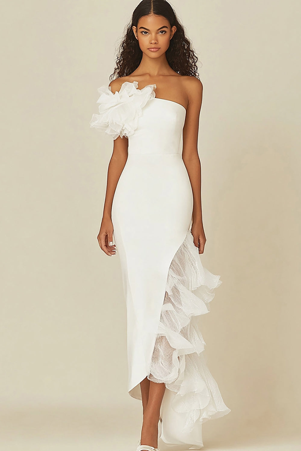 White One Shoulder Sheath Long Formal Dress with Ruffles