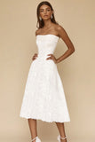 White A-Line Strapless Lace Midi Graduation Dress