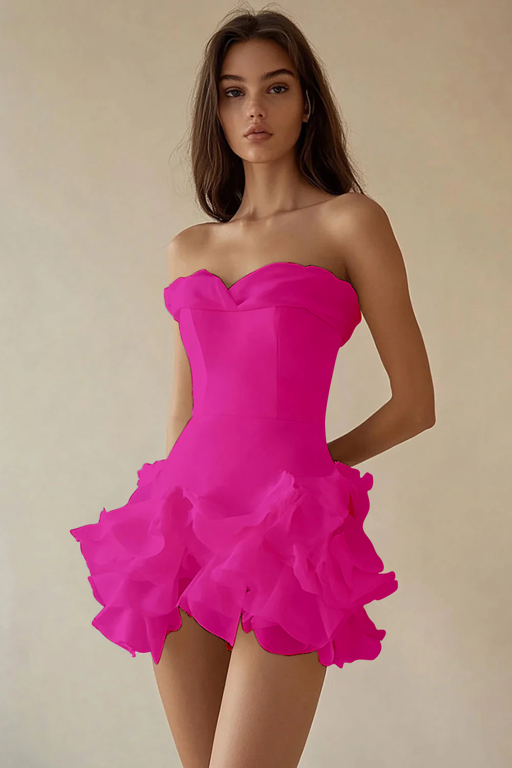 White Chiffon A-Line Strapless Ruffled Graduation Dress