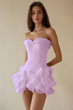 White Chiffon A-Line Strapless Ruffled Graduation Dress