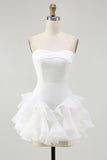 White A-Line Strapless Chiffon Ruffled Short Graduation Dress