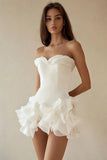 White Chiffon A-Line Strapless Ruffled Graduation Dress