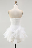 White Chiffon A-Line Strapless Ruffled Graduation Dress