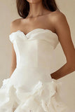 White Chiffon A-Line Strapless Ruffled Graduation Dress