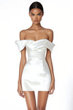 White Satin Off The Shoulder Bodycon Short Graduation Dress