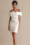 White Off The Shoulder Satin Ruffled Bodycon Graduation Dress