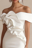 White Off The Shoulder Satin Ruffled Bodycon Graduation Dress