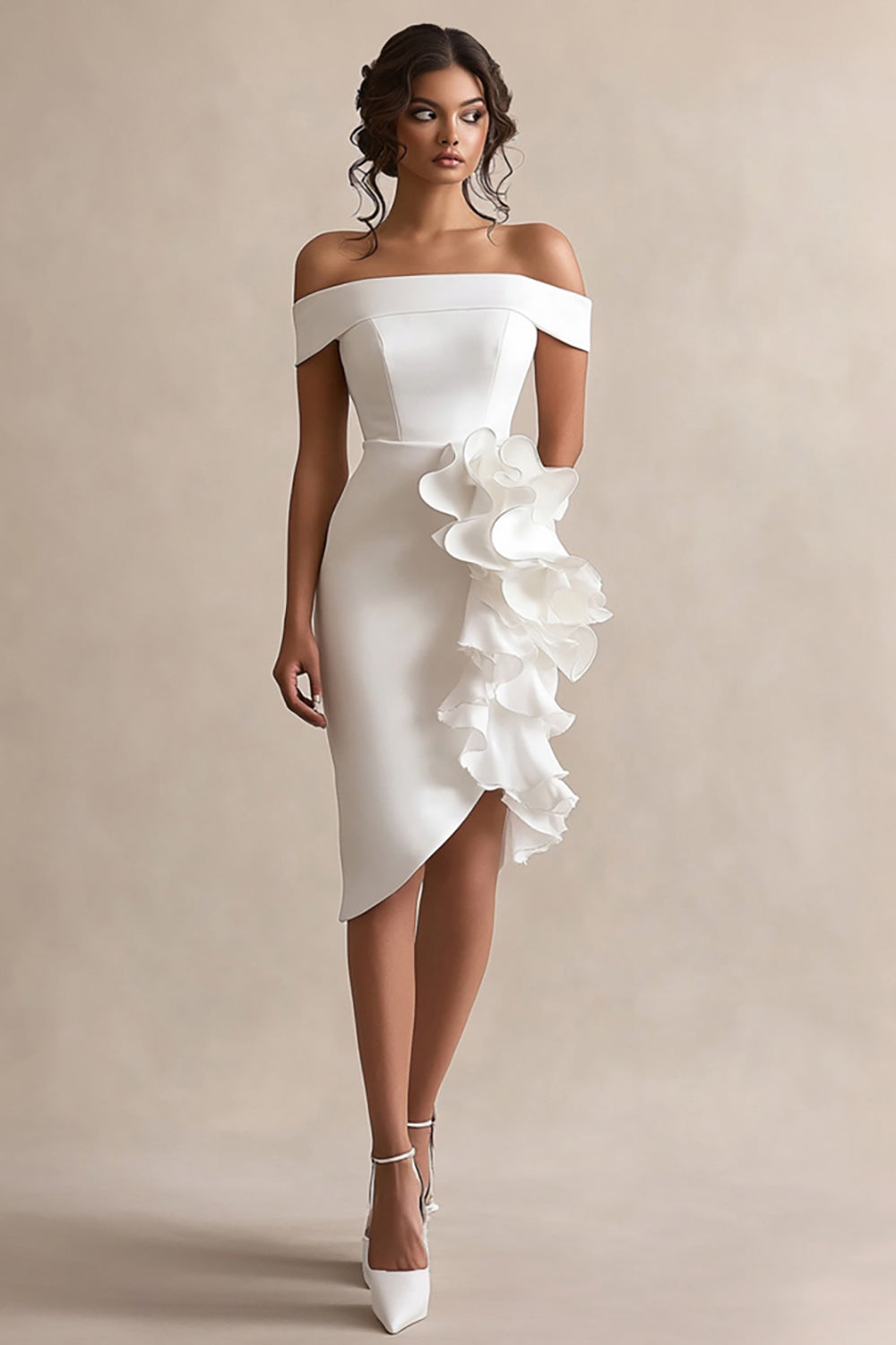 White Satin Off the Shoulder Bodycon Short Graduation Dress with Ruffles