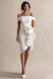 White Satin Off the Shoulder Bodycon Short Graduation Dress with Ruffles