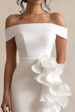 White Satin Off the Shoulder Bodycon Short Graduation Dress with Ruffles