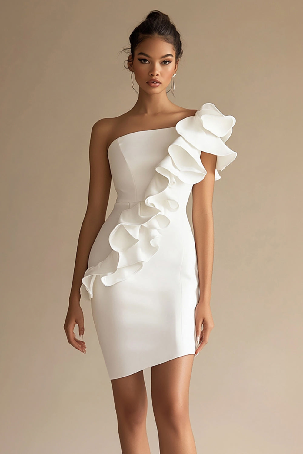 White One Shoulder Ruffled Bodycon Short Graduation Dress