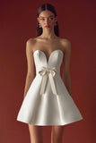 White Sweetheart A Line Satin Short Graduation Dress with Bow
