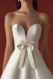 White Sweetheart A Line Satin Short Graduation Dress with Bow