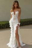 White Lace Strapless Ruffled Mermaid Long Formal Dress with Slit