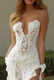 White Lace Strapless Ruffled Mermaid Long Formal Dress with Slit