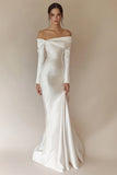 White Off The Shoulder Satin Mermaid Formal Dress with Long Sleeves