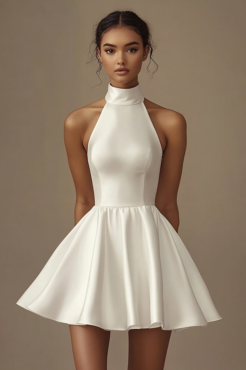 White Satin High Neck A Line Short Graduation Dress