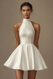 White Satin High Neck A Line Short Graduation Dress