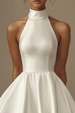 White Satin High Neck A Line Short Graduation Dress