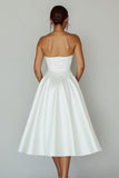 Strapless Cut Out White A Line Satin Midi Graduation Dress