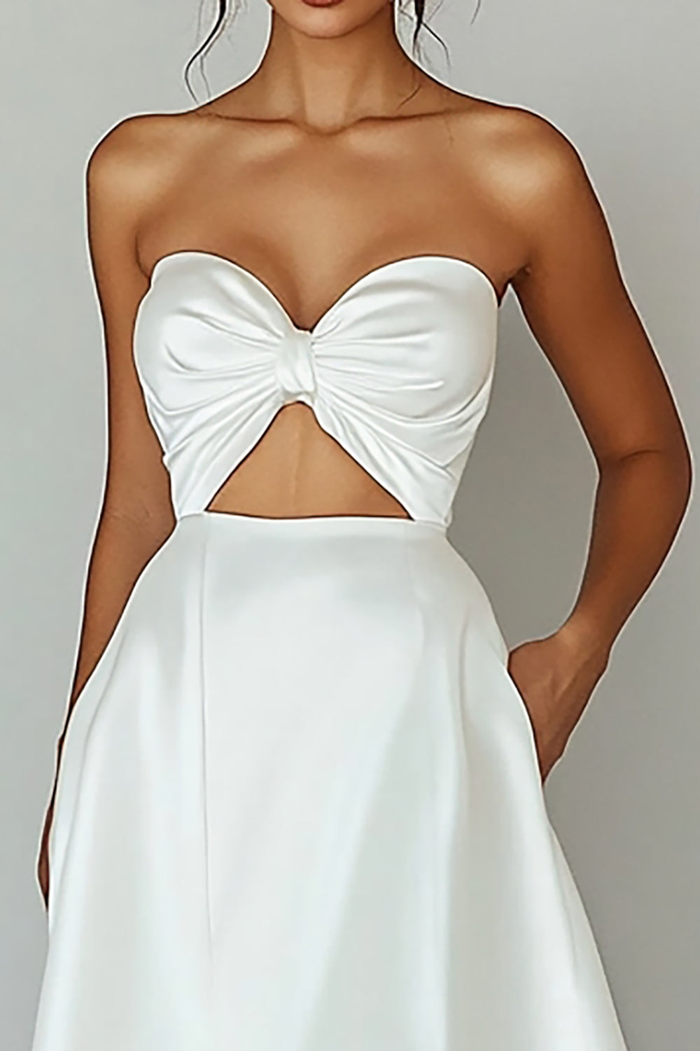 Strapless Cut Out White A Line Satin Midi Graduation Dress