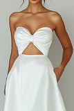 Strapless Cut Out White A Line Satin Midi Graduation Dress
