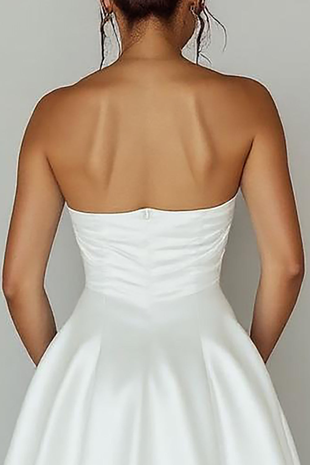 Strapless Cut Out White A Line Satin Midi Graduation Dress
