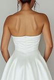 Strapless Cut Out White A Line Satin Midi Graduation Dress