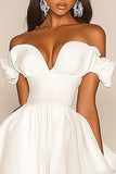 White A Line Off the Shoulder Ruffled Mini Graduation Dress