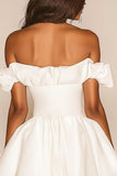 White A Line Off the Shoulder Ruffled Mini Graduation Dress