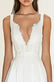 Bodycon V Neck Satin White Ruched Short Graduation Dress with Lace