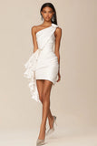 One Shoulder White Satin Ruffled Short Bodycon Graduation Dress