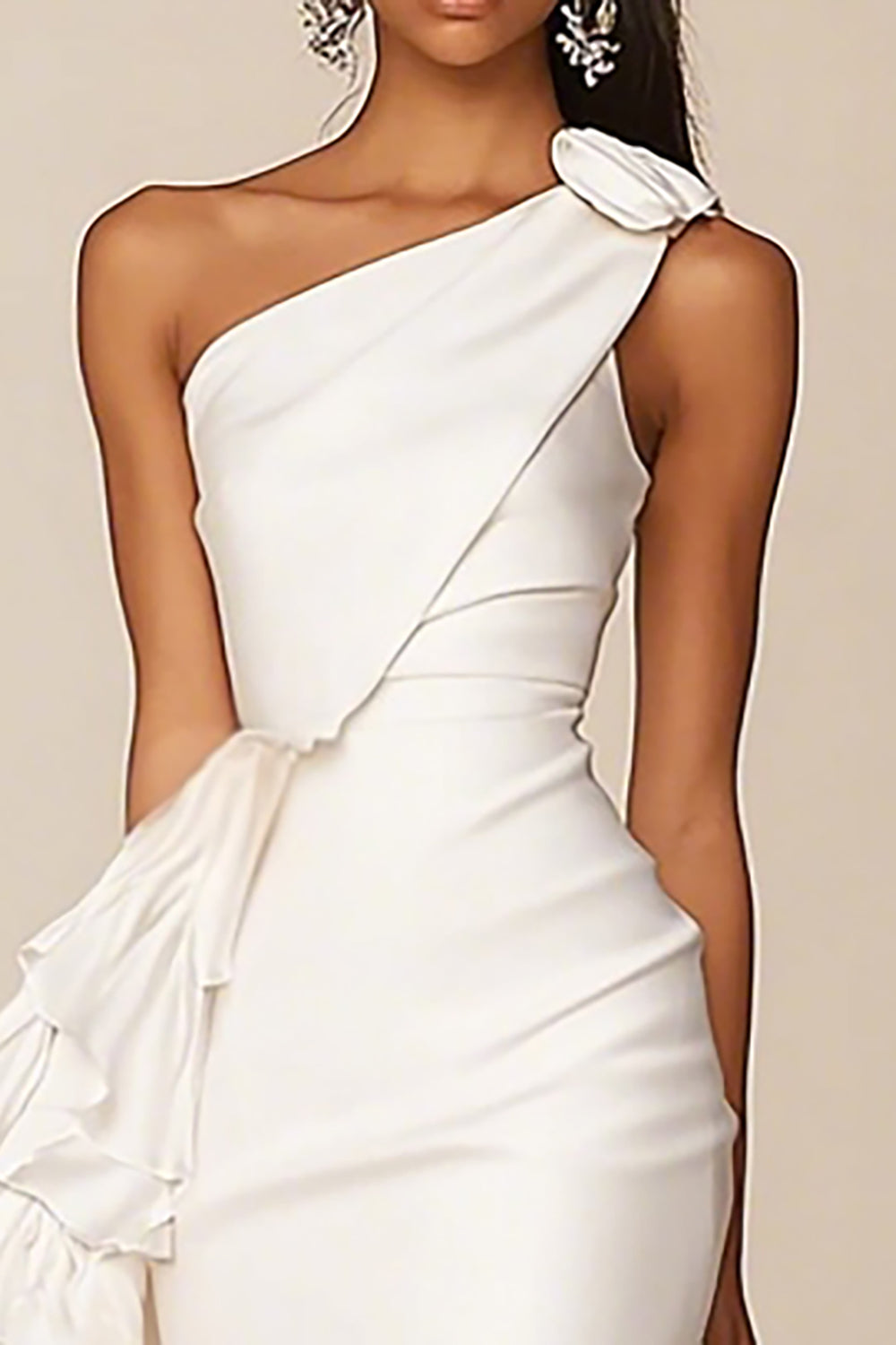 One Shoulder White Satin Ruffled Short Bodycon Graduation Dress