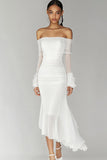 White Chiffon Mermaid Ruffled Long Graduation Dress with Long Sleeves