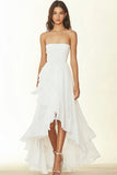 White Chiffon Strapless Ruffled A Line Long Formal Dress