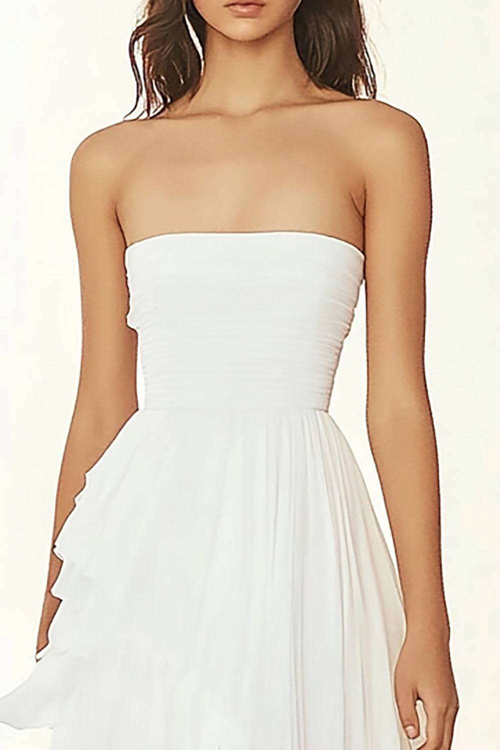 White Chiffon Strapless Ruffled A Line Long Formal Dress