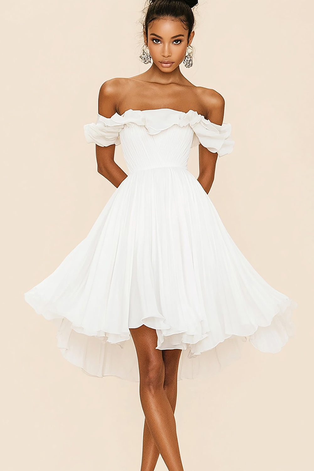 White Off The Shoulder A Line Chiffon Ruffled Short Graduation Dress