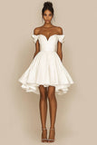 White A Line Off The Shoulder Satin Ruffled Short Graduation Dress