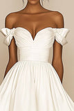 White A Line Off The Shoulder Satin Ruffled Short Graduation Dress