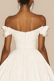 White A Line Off The Shoulder Satin Ruffled Short Graduation Dress
