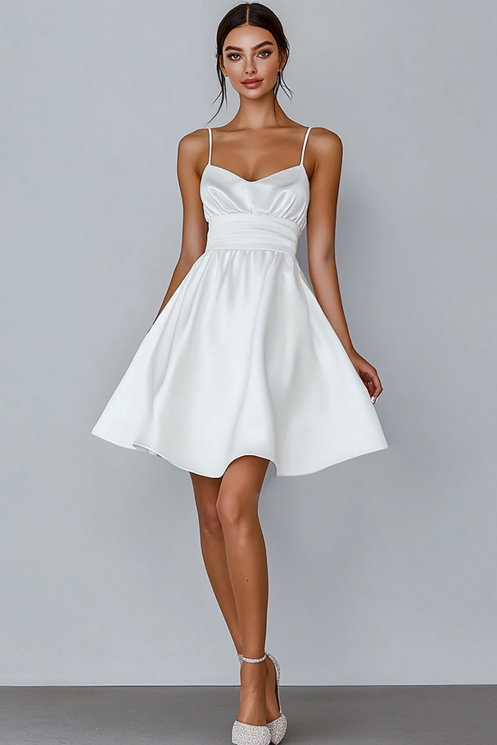 White A Line Spaghetti Straps Satin Short Graduation Dress