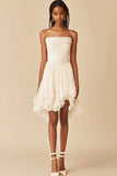 White Chiffon Strapless A Line Short Graduation Dress with Ruffles