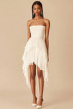 White Strapless Chiffon Ruffled A Line Asymmetrical Graduation Dress