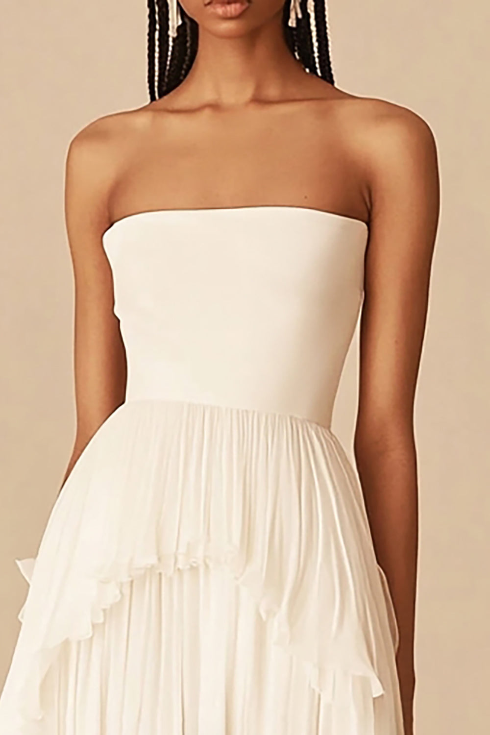 White Strapless Chiffon Ruffled A Line Asymmetrical Graduation Dress